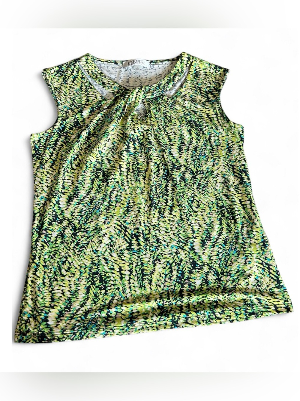 Vintage 90s Kasper Green Patterned Sleeveless Top with cutout neckline - Small